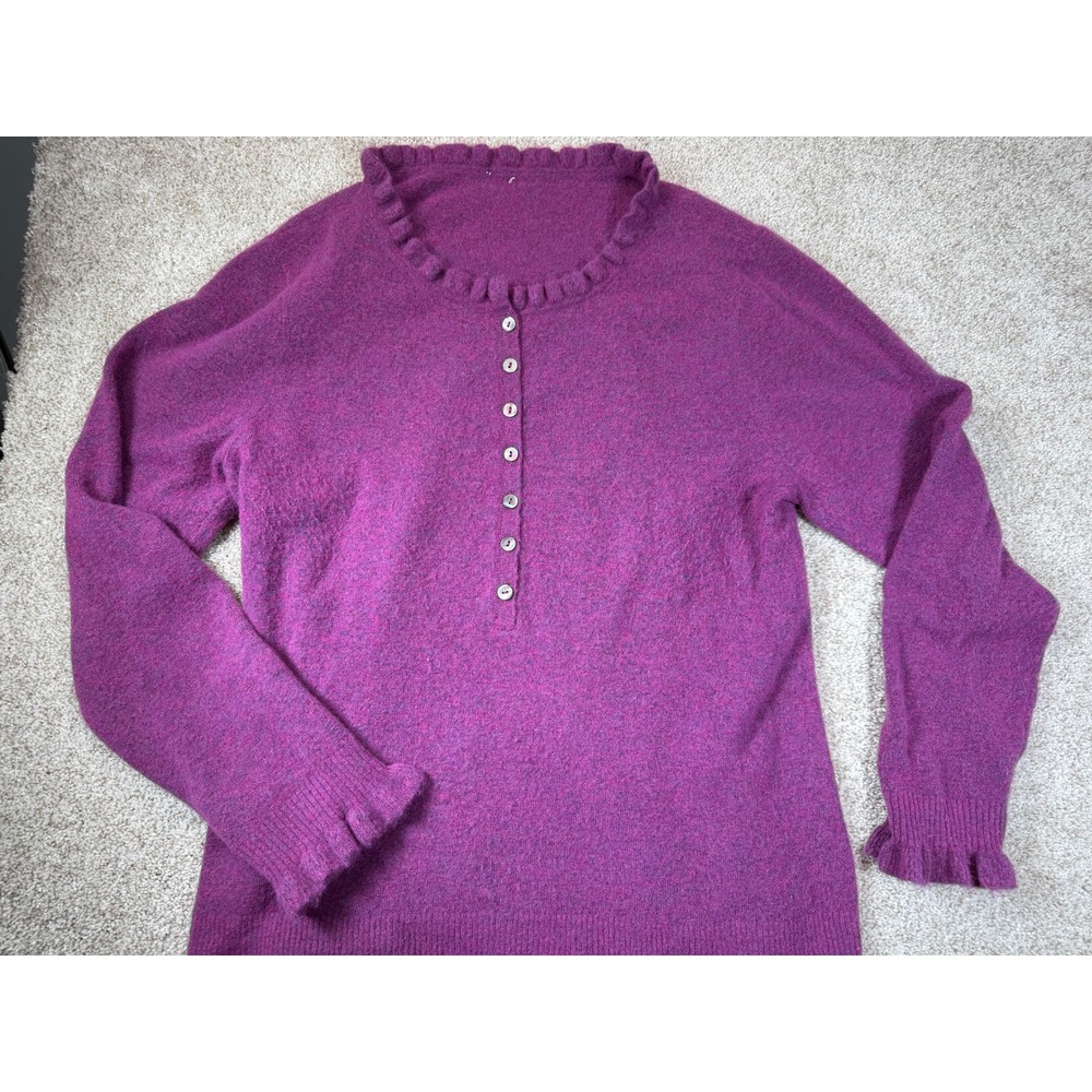 Sundance Womens Magenta Purple Ruffle Henley Sweater Wool Cashmere Blend Medium
